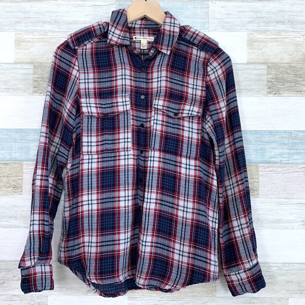 MNG Mango Flannel Plaid Utility Shirt Red Blue White Snap Button Down Womens XS